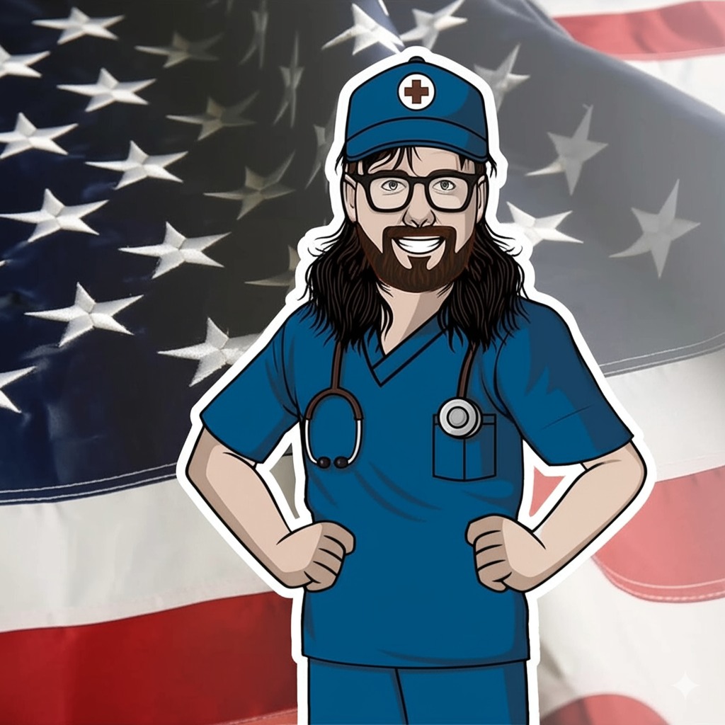 Hillbilly Hydration mascot art featuring Phil Rutledge in blue scrubs